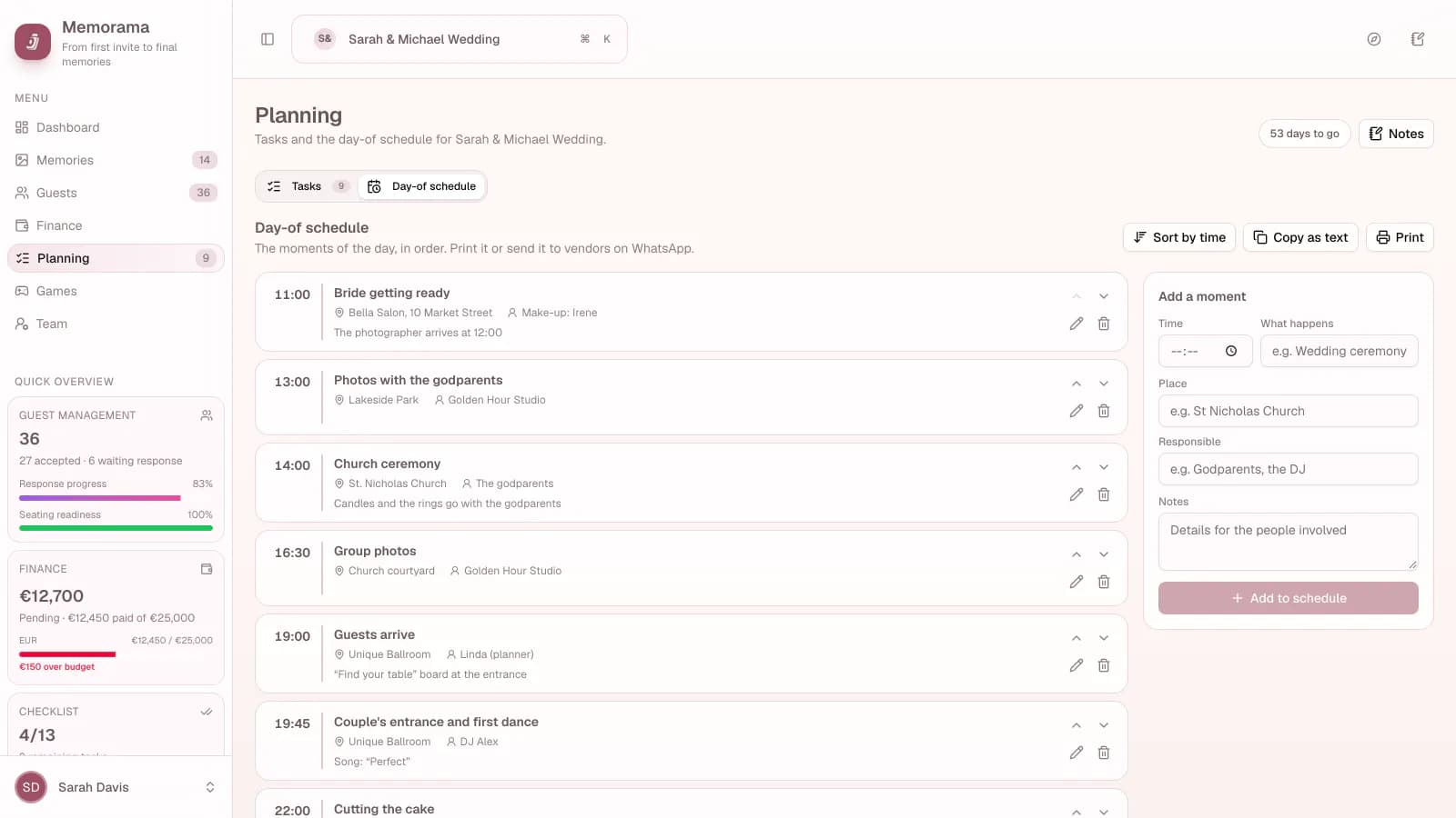 Day-of schedule with times, places, and who is responsible