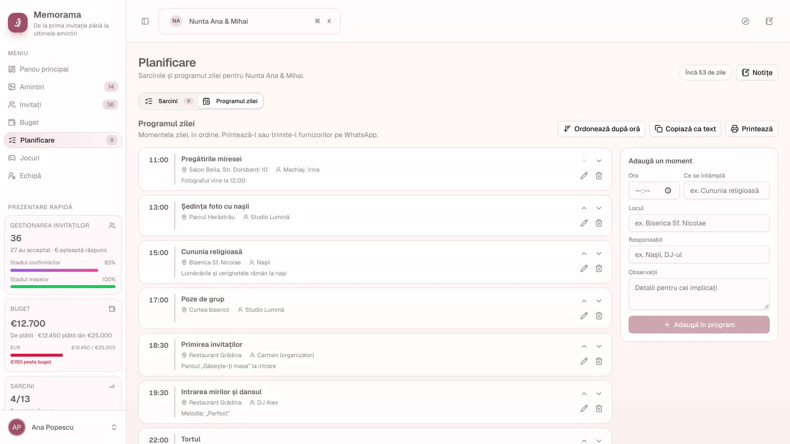Programul zilei cu ore, locuri și responsabili