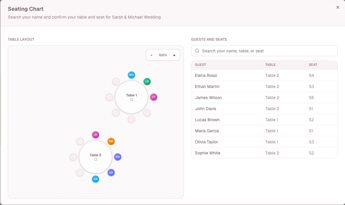 Guest-facing event seating chart